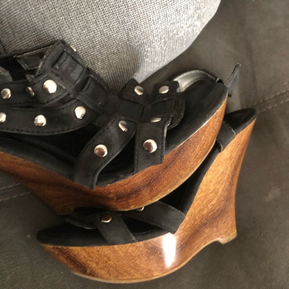 Black and Silver denim studded wedge sandals - Picture 3 of 7